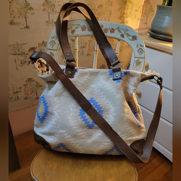 FREE PEOPLE Brown and Blue Tote Bag with Adjustable Straps - Picture 1 of 6